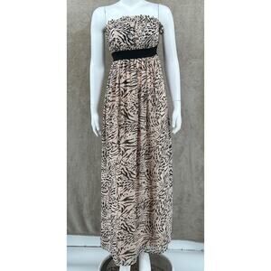 H&M Dress Women 8 Tan Black Animal Print Strapless Maxi Boho Summer Flowy Travel